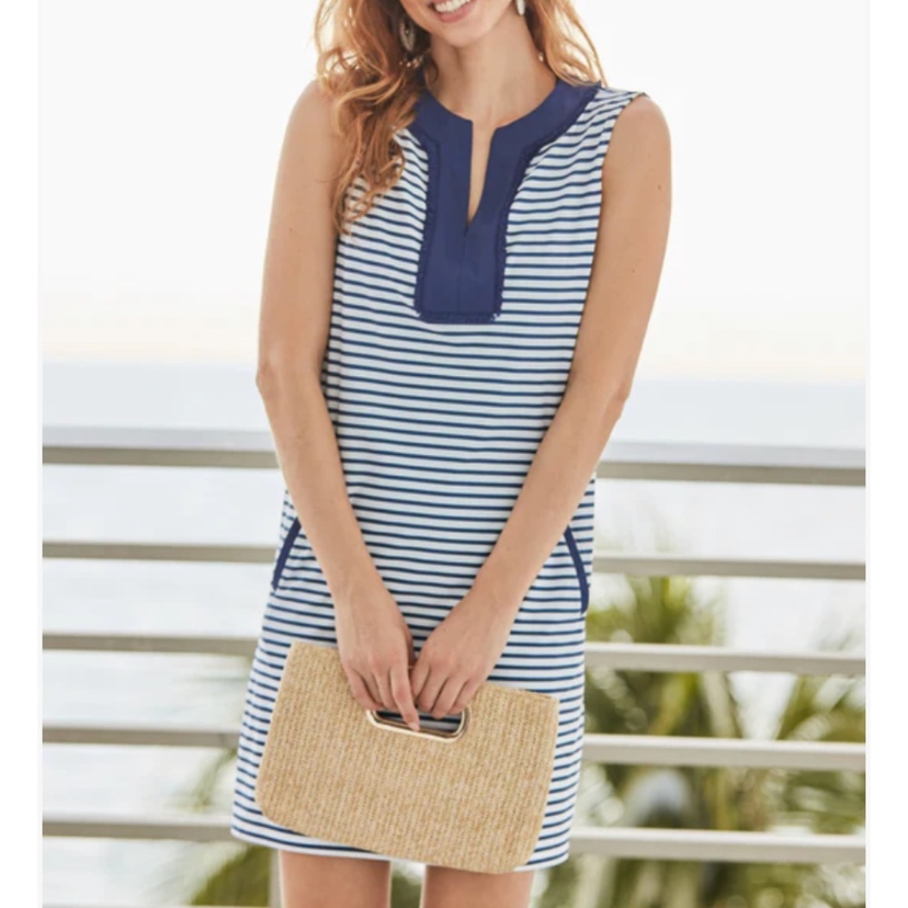 NWT Cabana Life Navy Sleeveless Stripe Dress with Fringe